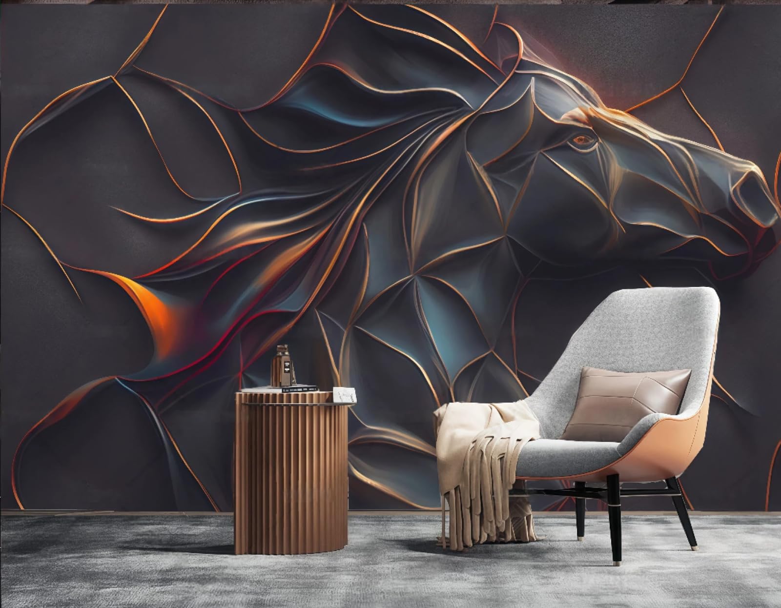 Tapeta sztuka nowoczesna abstrakcyjne metalowe linie reliefowe koń wzór skalny obraz TV sofa tło tapeta ścienna salon restauracja kawiarnia mural, 3D, 250 x 175 cm