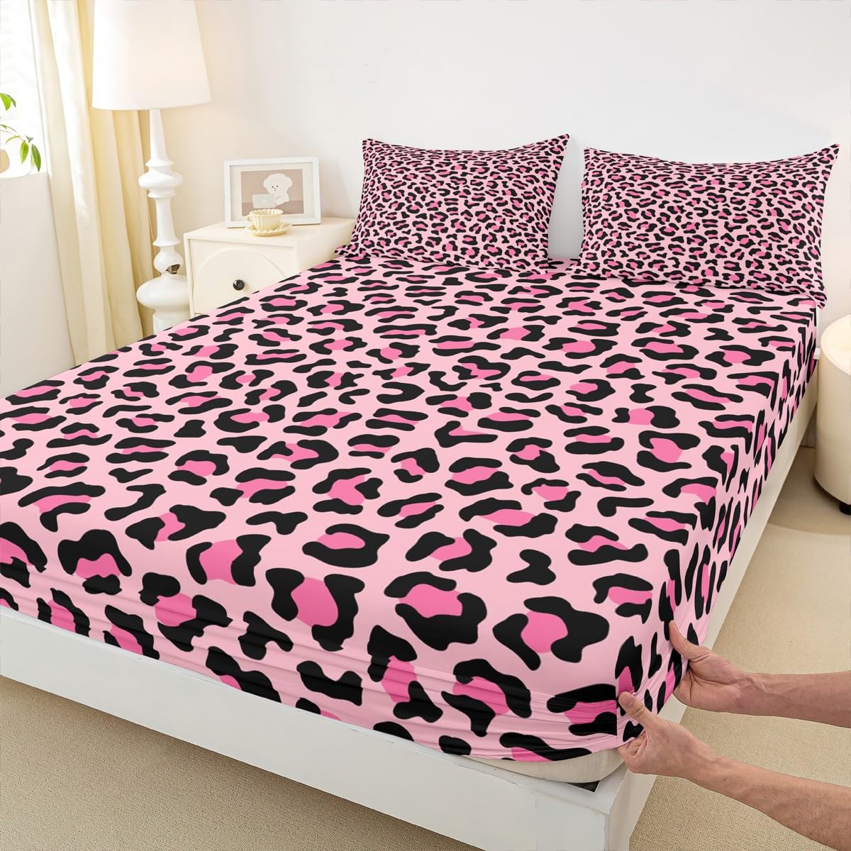 Wild Animal Skin Luxury Fitted Sheet,Full Size African Cheetah Wildlife Fur Collections,Pink Leopard Print Bedding Deep Pocket for Children Teens Young with 2 Pillowcases(No Flat Sheet)