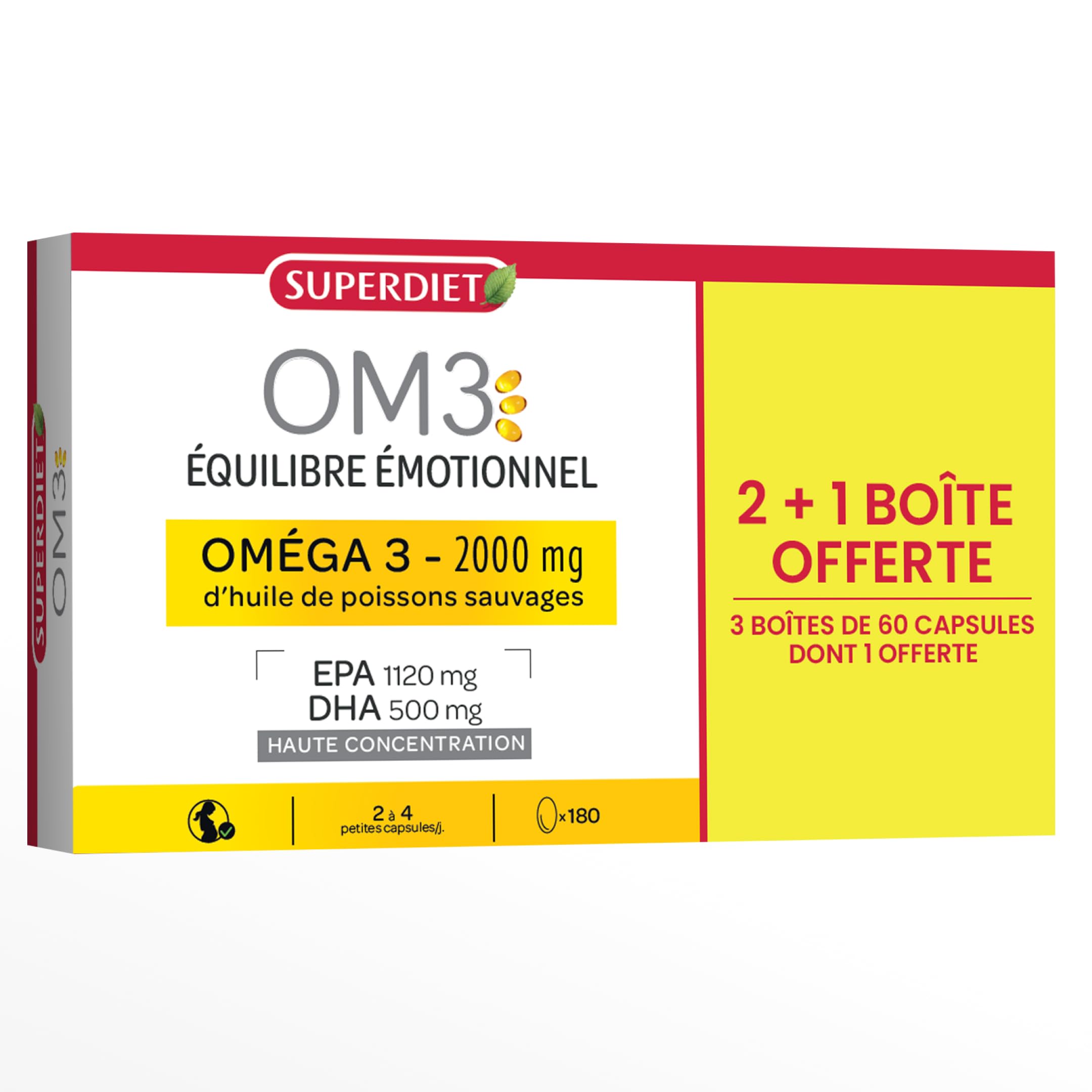 OM3 - Équilibre Émotionnel Formule Originale - Huile de poissons concentrée à 90% d'Oméga-3-Format économique -3x60 capsules