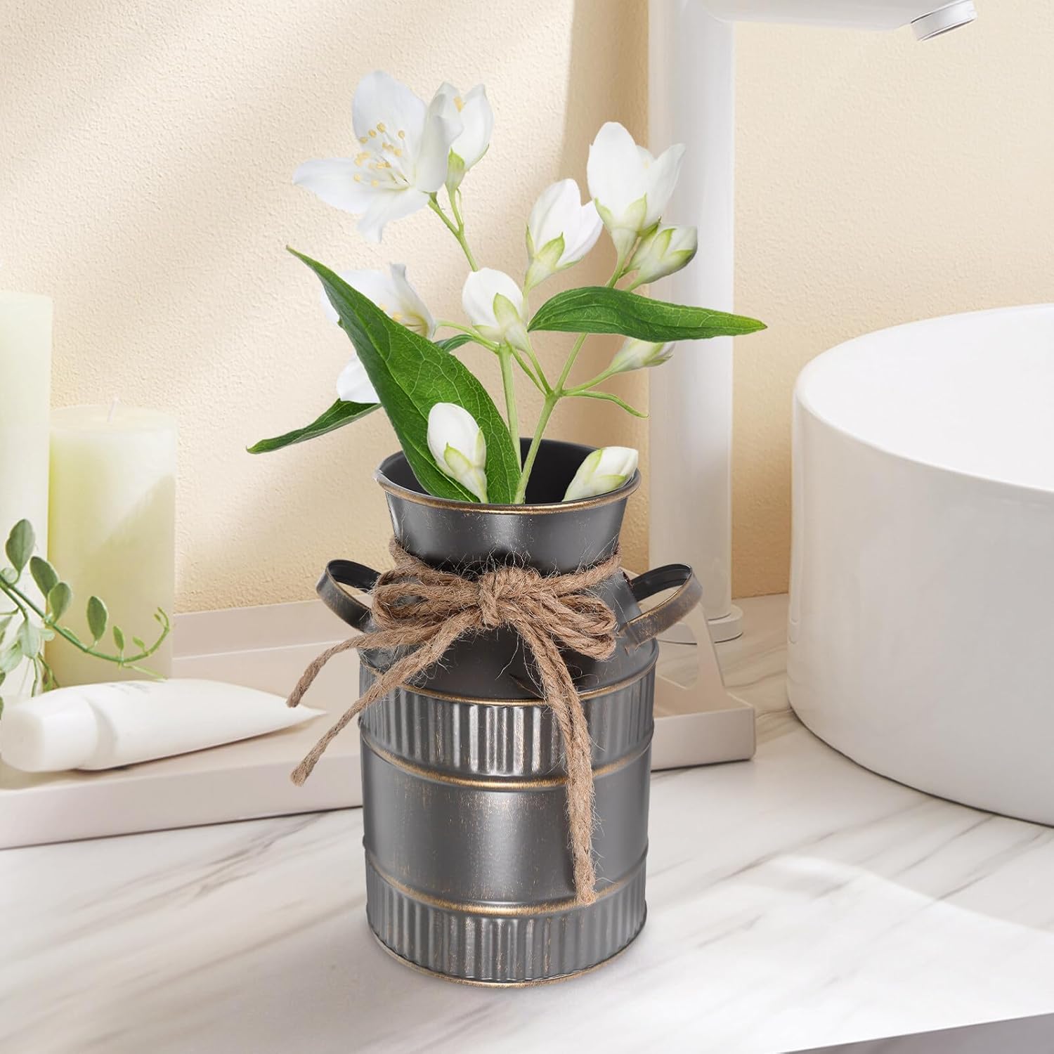 Alipis Vintage Milk Jug Vase 5.7 Inch Iron Flower Bucket with Handle Rustic Farmhouse Flower Vase for Home D Cor Centerpiece and Shabby Chic Decoration - Image 3