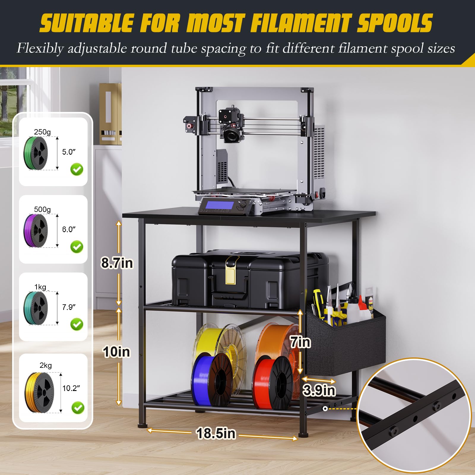 3 Niveaux Support Imprimante 3D, Meuble Imprimante avec bac de Rangement pour Fil et Poche Latérale, Support de Rangement pour Imprimante à Fixation Murale pour Bureau (Negro)