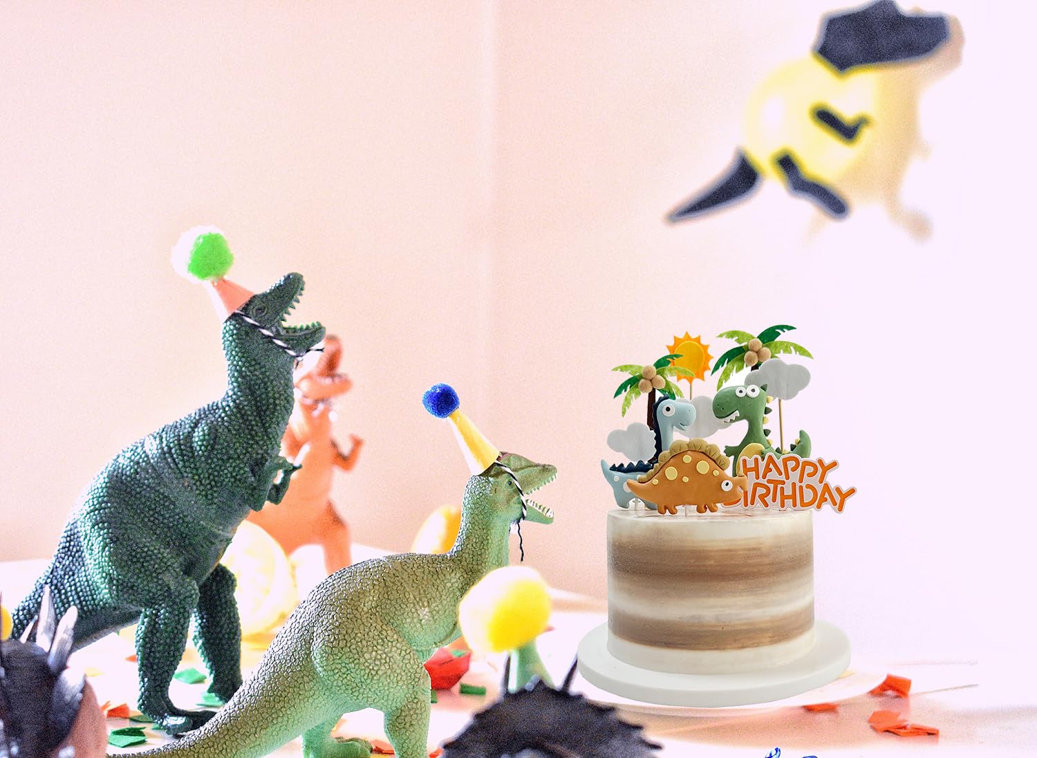 Set Decorazione Torta Dinosauro: 7 Dinosauri In Gomma + 11 Piante Finto - Festa Compleanno