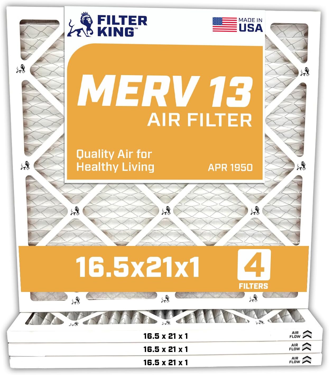 Filter King 16.5x21x1 Air Filter | 4-PACK | MERV 13 HVAC Pleated A/C Furnace Filters | MADE IN USA | Actual Size: 16.5 x 21 x .75"