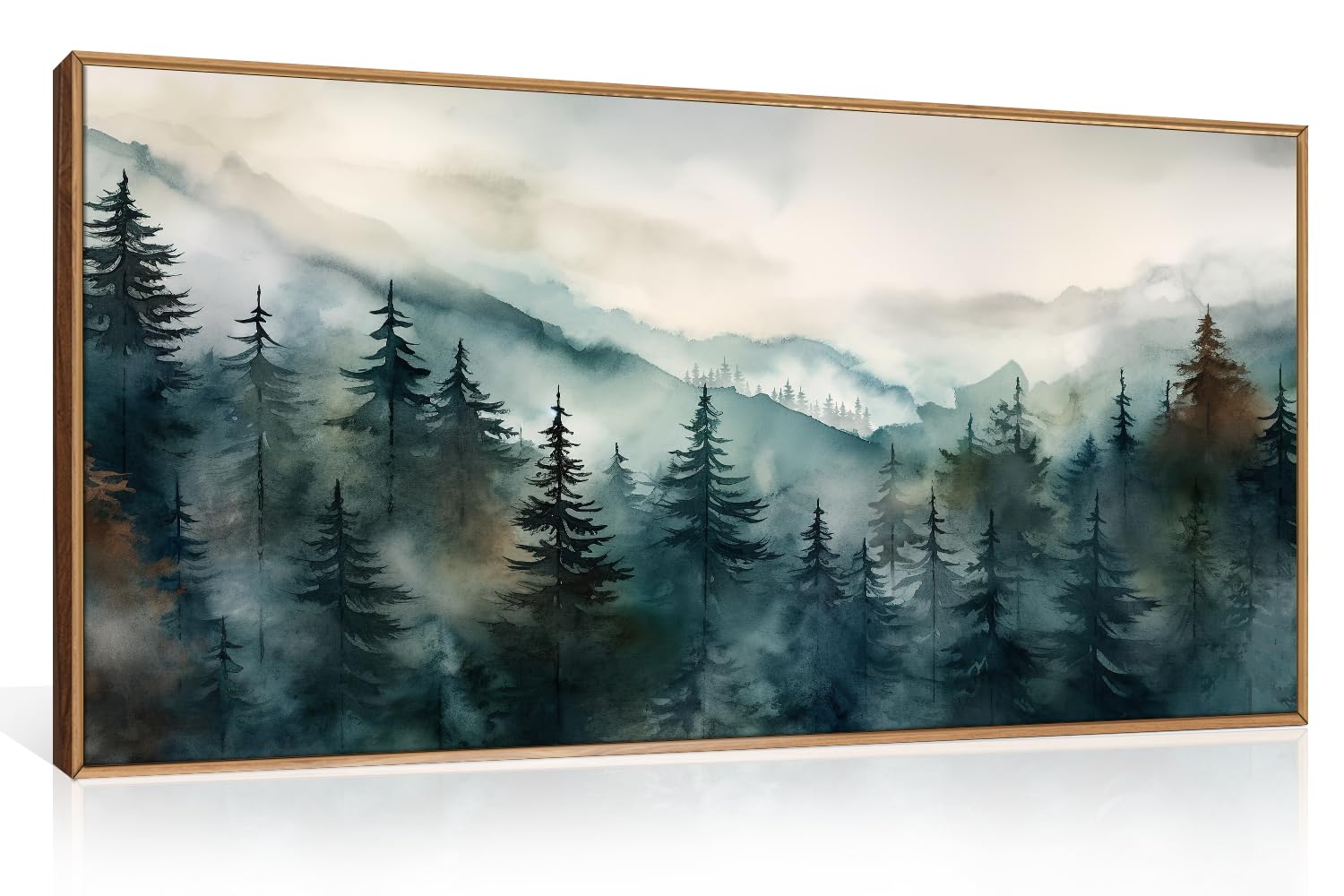 KAIRNE Watercolor Mountain Forest Framed Canvas Wall Art Set-40"x20"x1 | Misty Pine Tree Wall Decor,Foggy Dark Green Landscape Art Prints,Nature Scenery Artwork for Living Room,Bedroom,Office