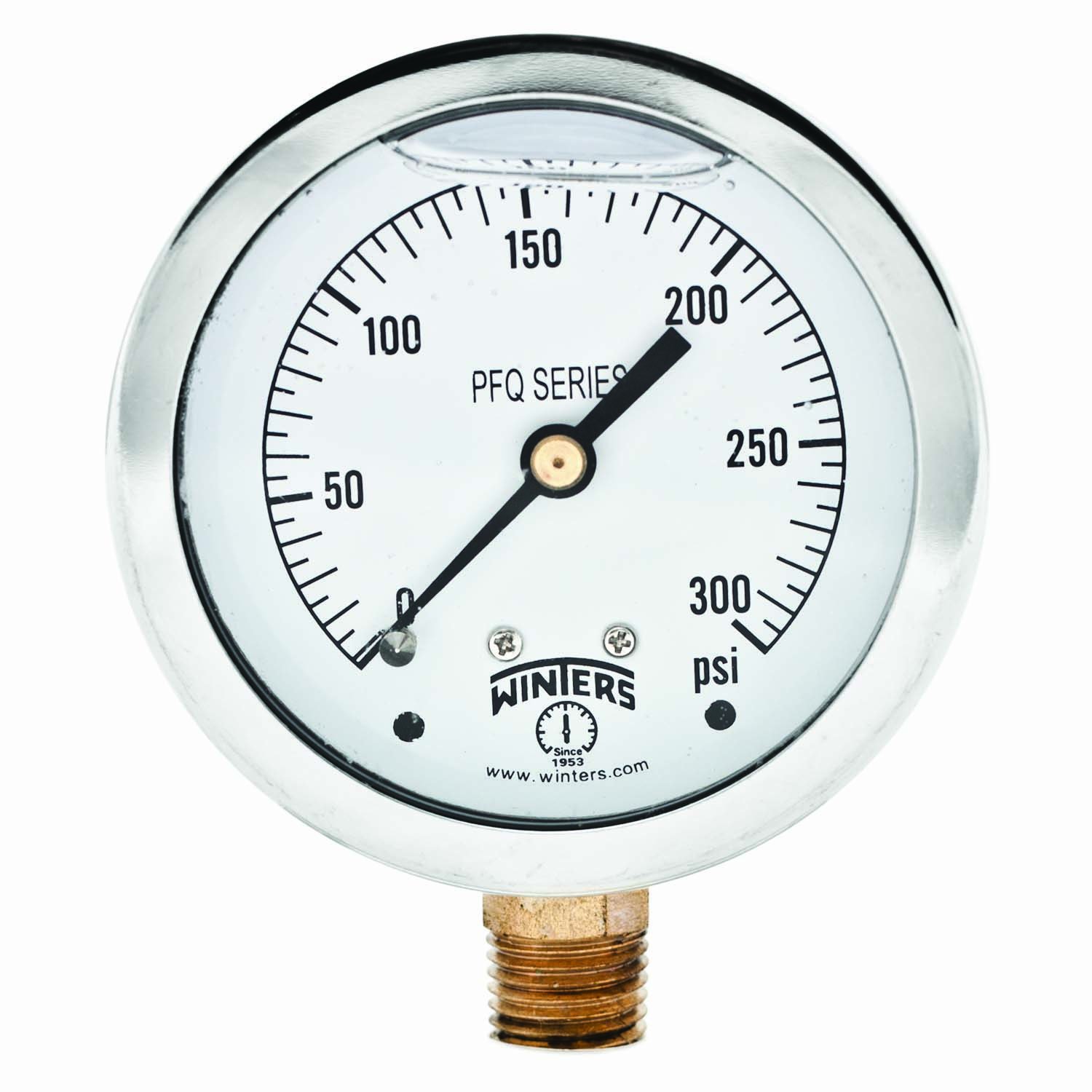Winters 2-1/2" Dial Size, Liquid Filled Industrial Pressure Gauge, Brass Internals, 304 Stainless Steel Case, Single Scale 0-300 psi, 1.5% Acc, 1/4" NPT Bottom Mount, Glycerin Filled Pressure Gauge