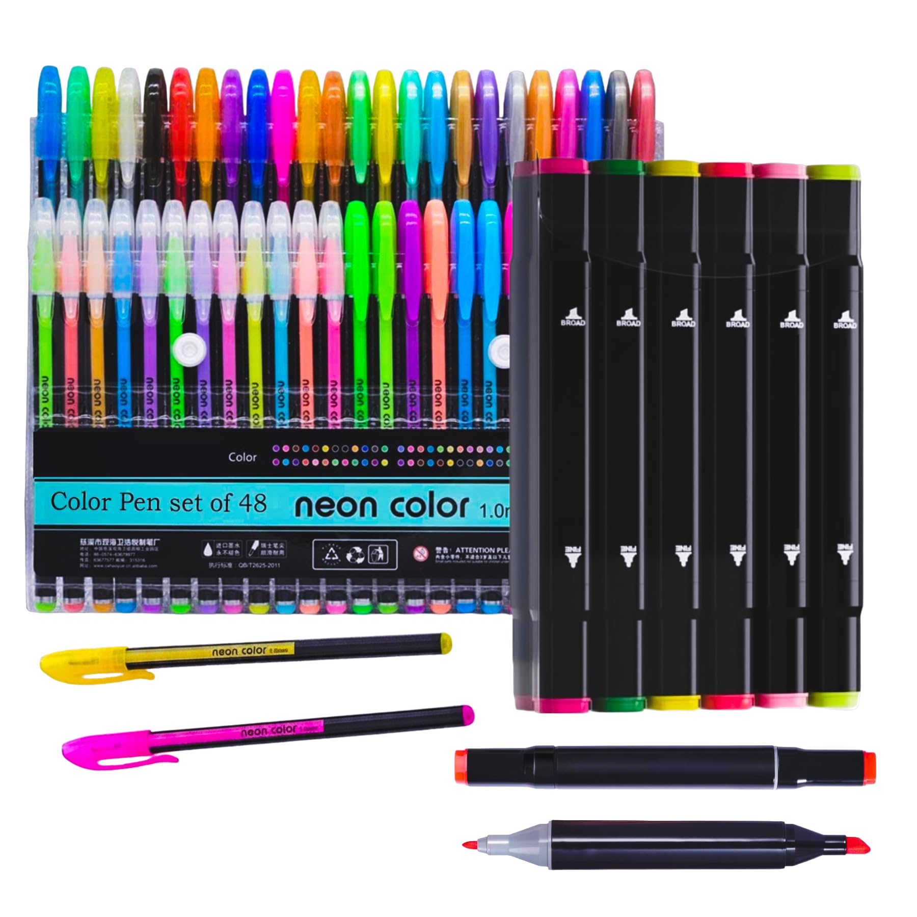 Corslet Juego de 60 piezas: 48 bolígrafos de gel de color neón y 12 marcadores de punta fina y ancha, juego combinado de papelería multicolor para arte, diario, escuela, dibujo, resaltado, colorear