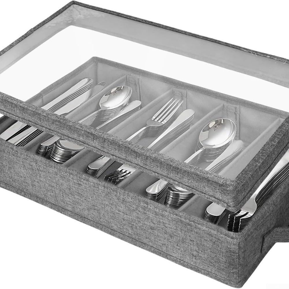 Silverware Boîte de rangement pour couverts avec poignées, séparateurs réglables et fenêtre transparente 43 x 29 x 8 cm