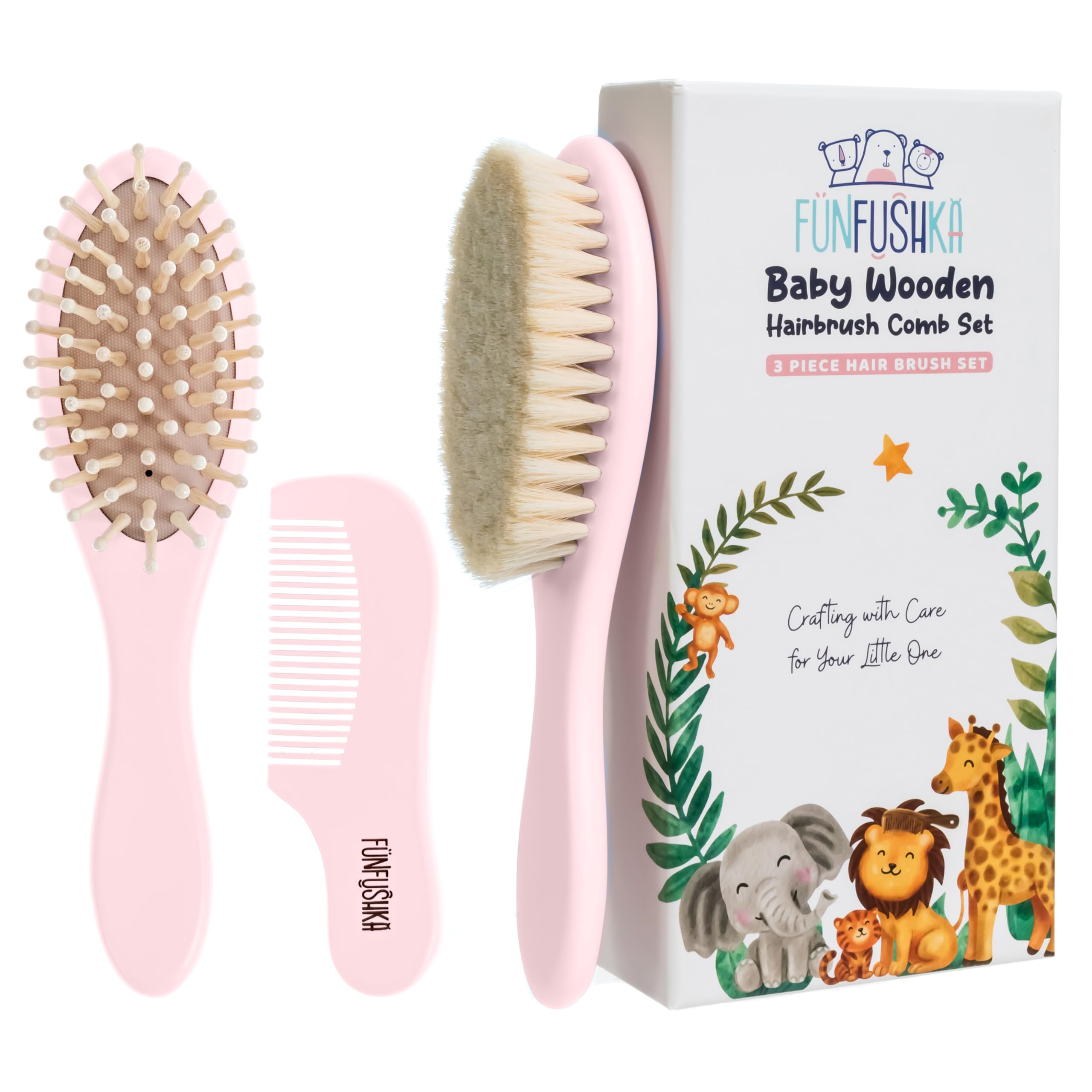 Juego de cepillo y peine de madera para bebé recién nacido, cepillo de pelo natural con cerdas de cabra suaves para niñas y niños, perfecto para cuna (rosa)