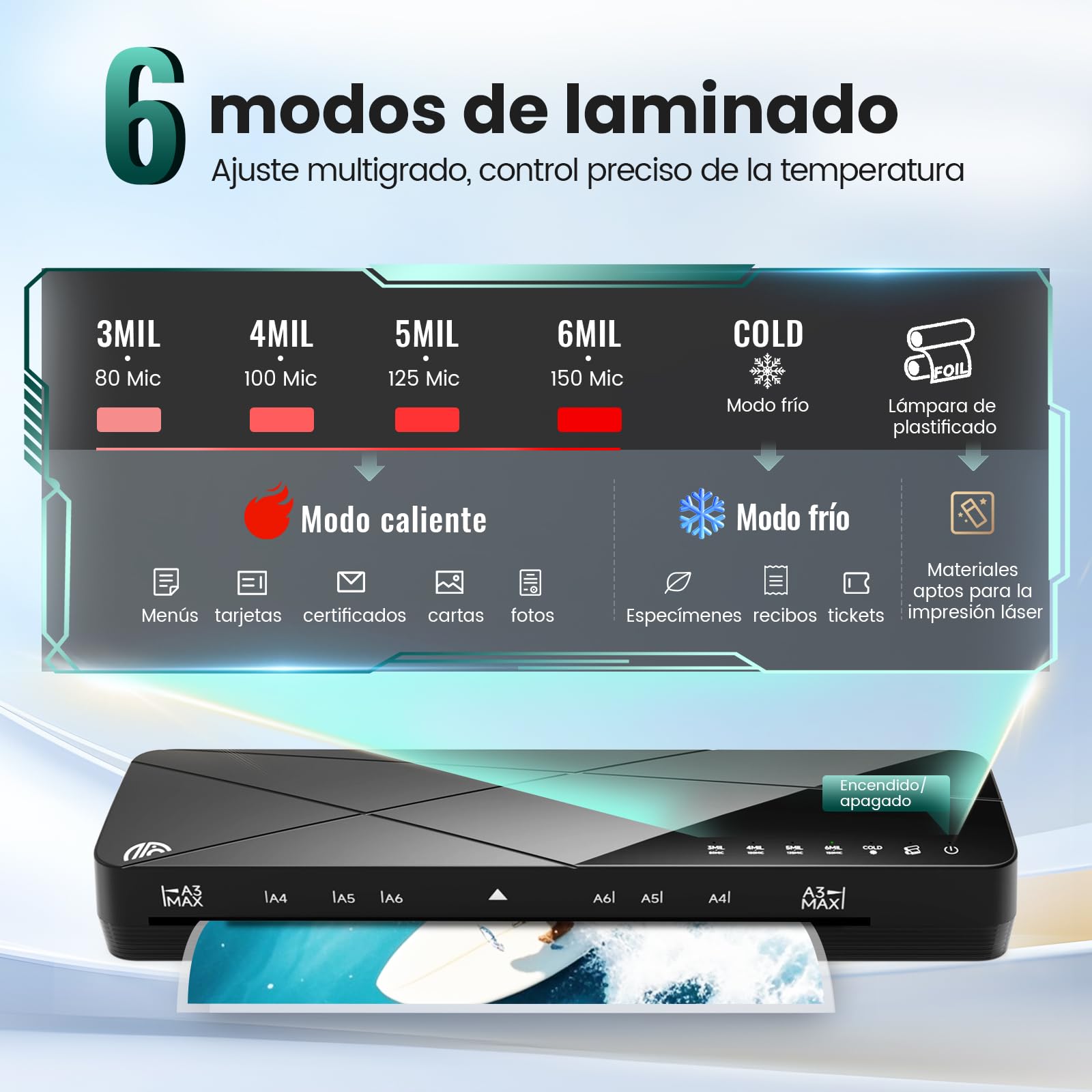 Máquina de Laminadora Plastificadora A3 A4 A5 A6 con 6 Modos y Apagado Automático Frío y Caliente