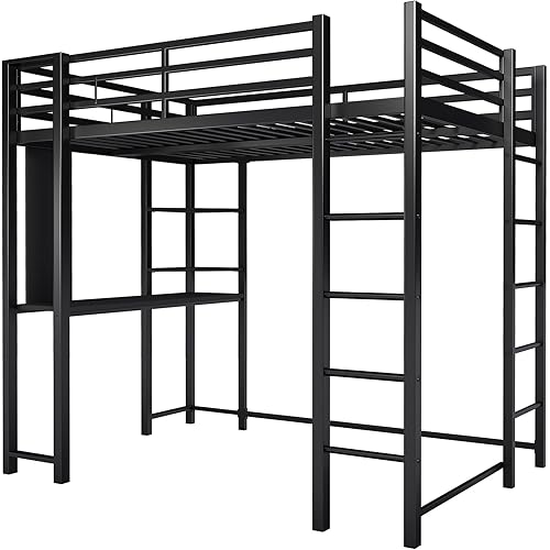 SUNLEI Loft Bed Full Size with Desk and Safety Guard Rail, Full Size Metal Bed Frame with Double Layer Shelves for Storage, No Box Spring Needed and 2 Security Ladders, Black