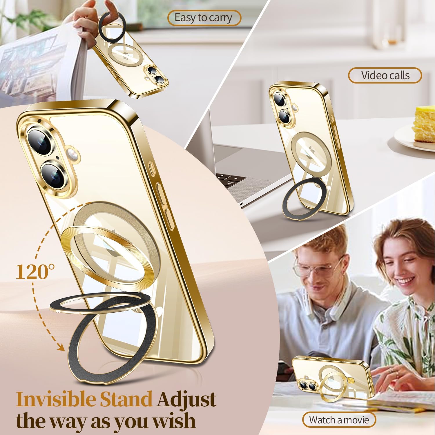 ESTPEAK Titanium Gold CD Mag-Stand Case for iPhone 16 Case with Invisible Magnetic Ring, [Fit for MagSafe] [Never Yellowing] Top Clear Phone Case Cover for iPhone 16 6.1" Men Women, Gold - Image 3