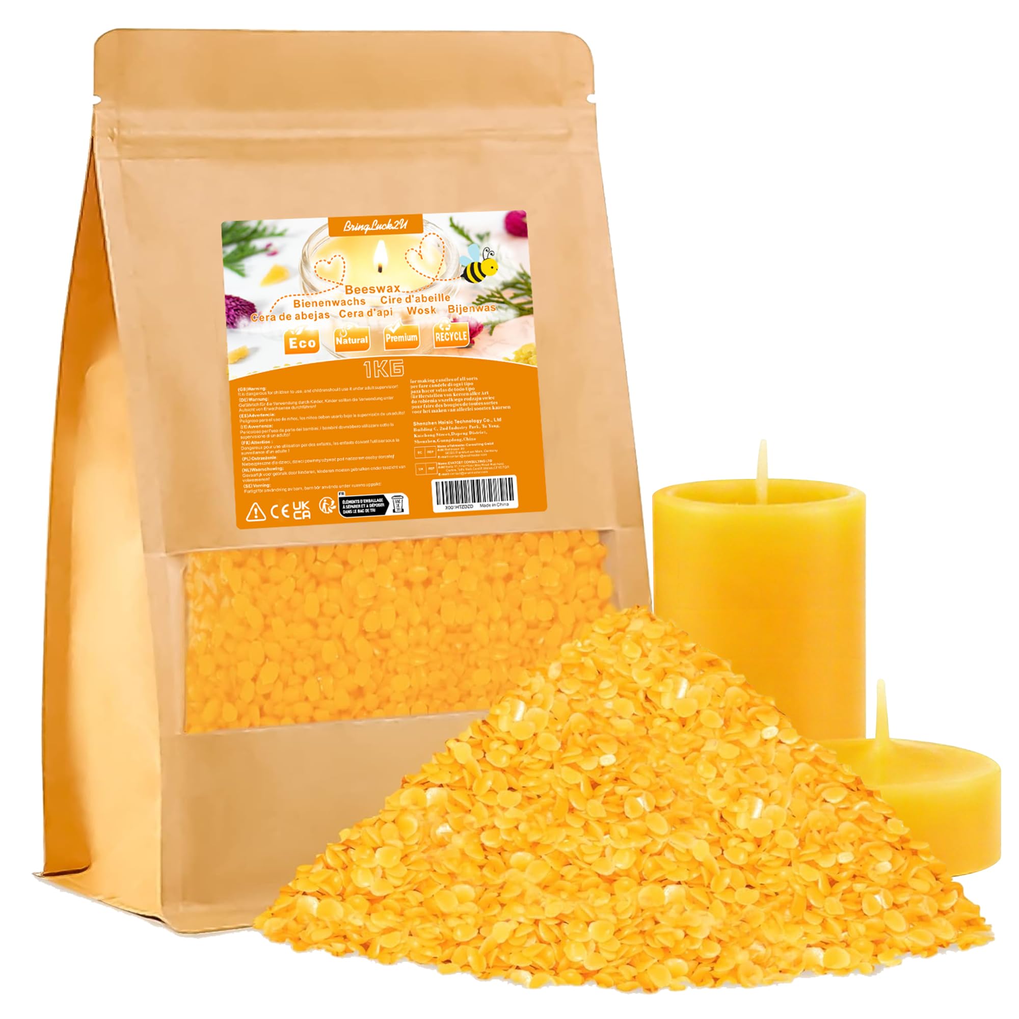 BringLuck2U 1kg Pastiglie di cera d'api naturale, ideale per cosmetici, salviette di cera d'api o come cera per candele, imballaggio sostenibile