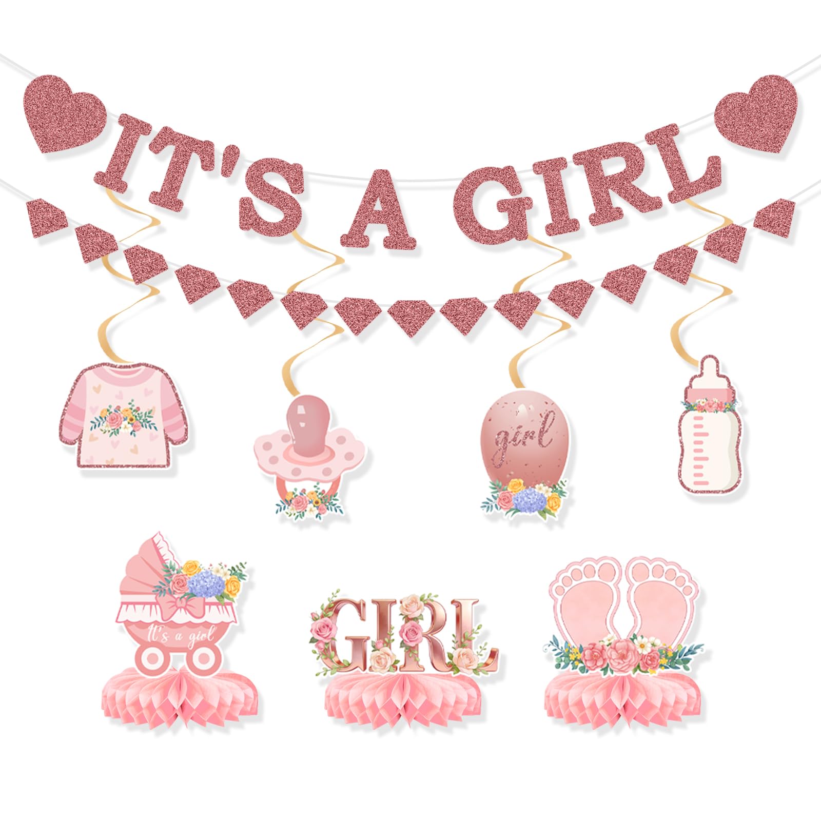 9Pcs Pink and Rose Gold Baby Girl Party Decorations, Pink Baby Shower Decorations Supplies for Girl, Hanging Swirls Set Pregnancy Announcement Circle Dot Garland Banner Party Decor