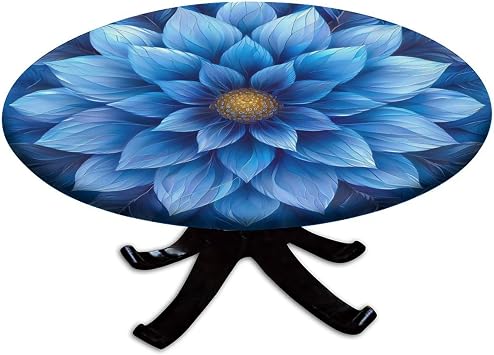 Elastic Round Table Protector, Blue Lotus-Flower Flower Pattern Printed on Spill Resistant Round Patio Table Cover, Tablecloths for Camping Indoor Outdoor Fit for 44" Table