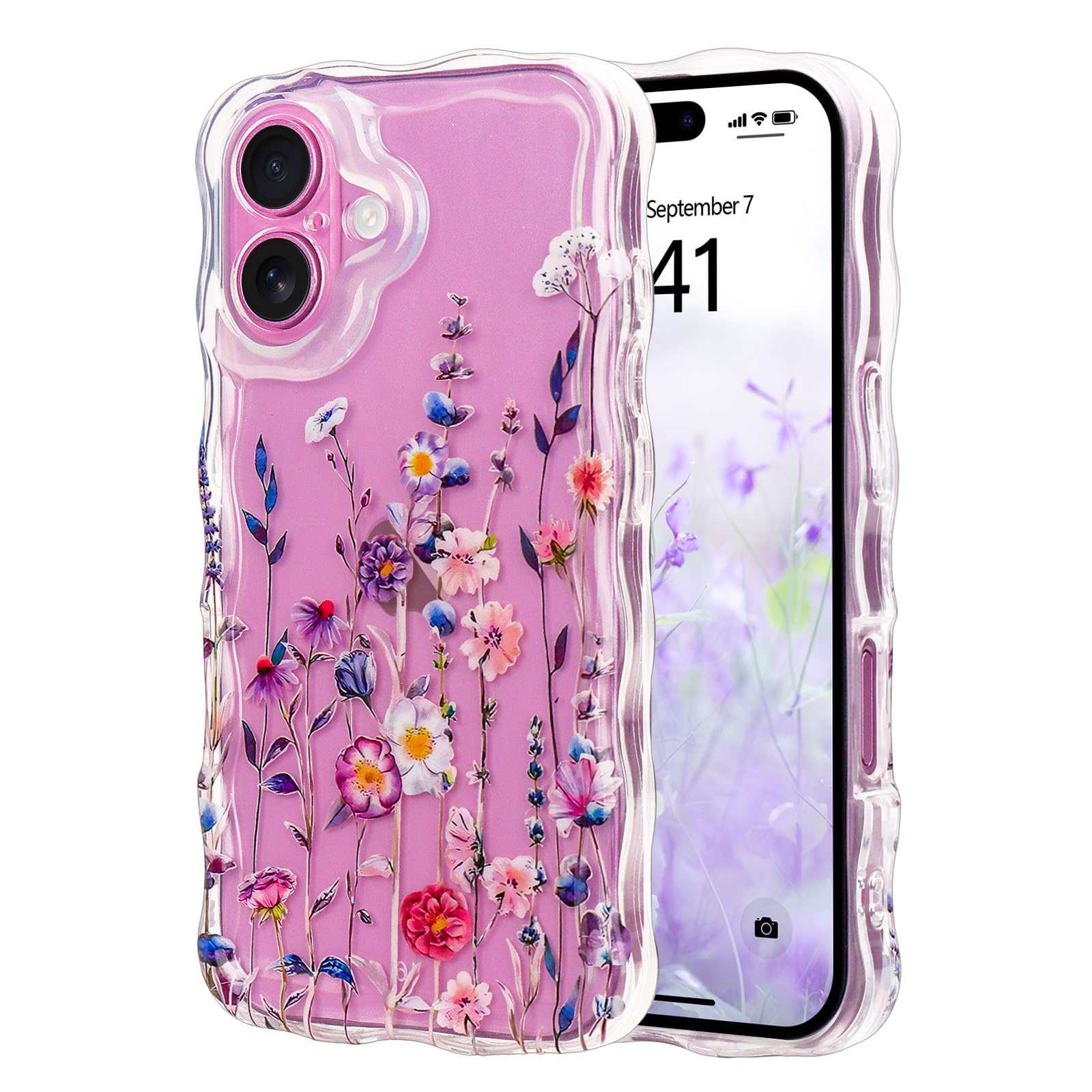 Micoden for iPhone 16 Case, Cute Floral Girls Women Soft Case Silicone Shockproof Curly Wave Wavy Edge Camera Protection Cover Clear Thin[Non