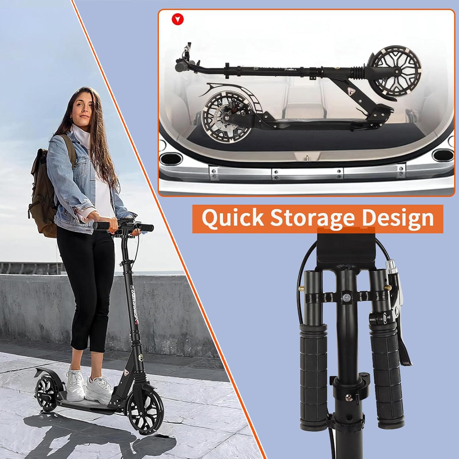 Scooters for Kids, Teens & Adults 300 lbs w/PU Flash Wheels- Foldable Big Wheel Scooter with Adjustable Height & Shock Absorption, Carry Strap, Front handbrake& Rear Brake, Gift & Toy