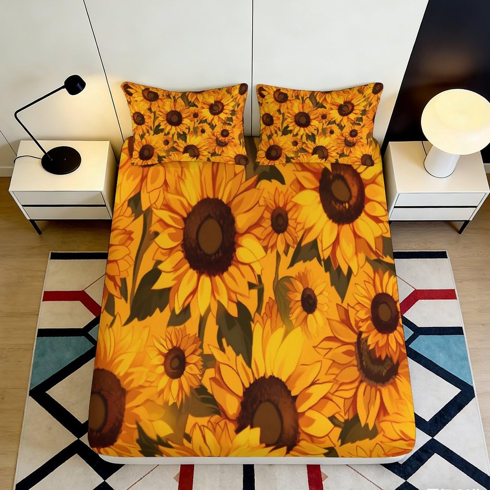 3D Printed Sunflower Fitted Sheet Microfiber Soft Breathable Floral Yellow Mattress Cover for Bedroom Guest Room Decor 200x200x25cm