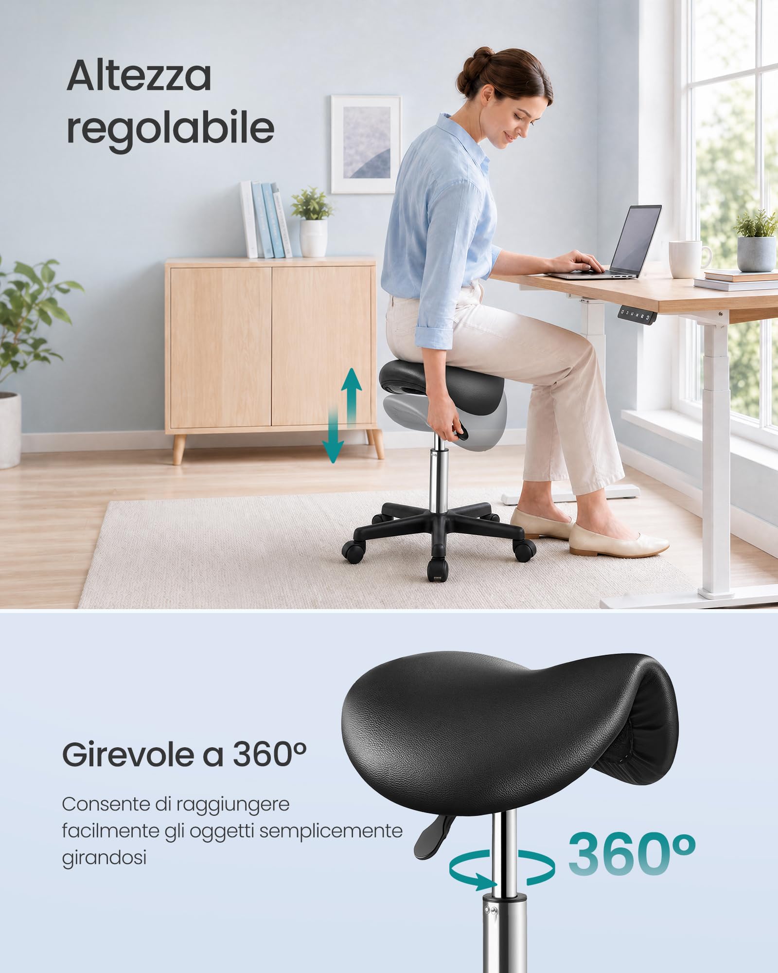 SONGMICS Sgabello a Sella, in Ecopelle PU, Girevole e Regolabile in Altezza, Ergonomico, 56 x 56 x (45-61) cm, Nero, per Ufficio e Salone, Collezione Activo OSC014B101
