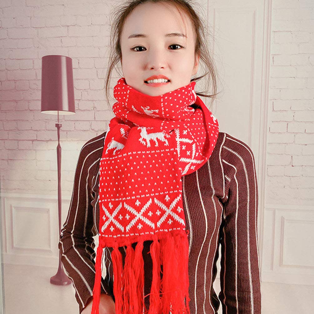 Bufanda de Navidad Navidad reno copo de nieve bufanda invierno cálido tejido rojo largo con borlas 2