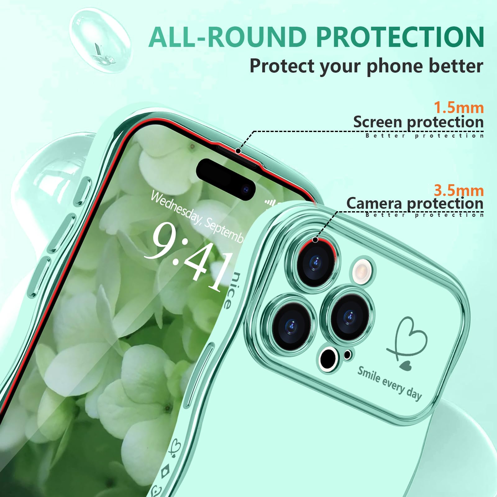 LCHULLE for iPhone 15 Pro Case for Women Girls,Cute Curly Wave Frame Shape Love Heart Pattern Phone Case,Raised Camera Protection Luxury Plating Shockproof Cover for iPhone 15 Pro 6.1",Light Green - Image 4