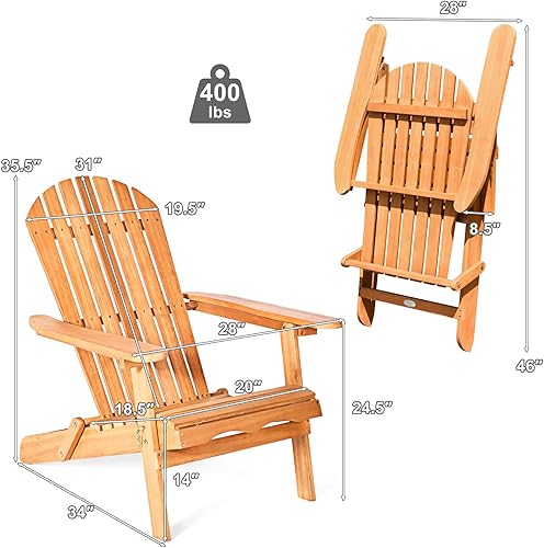 Miniatura 3 de HAPPYGRILL Silla Adirondack de madera de eucalipto de 2 piezas, silla tumbona plegable para porche, terraza, patio, piscina y patio trasero