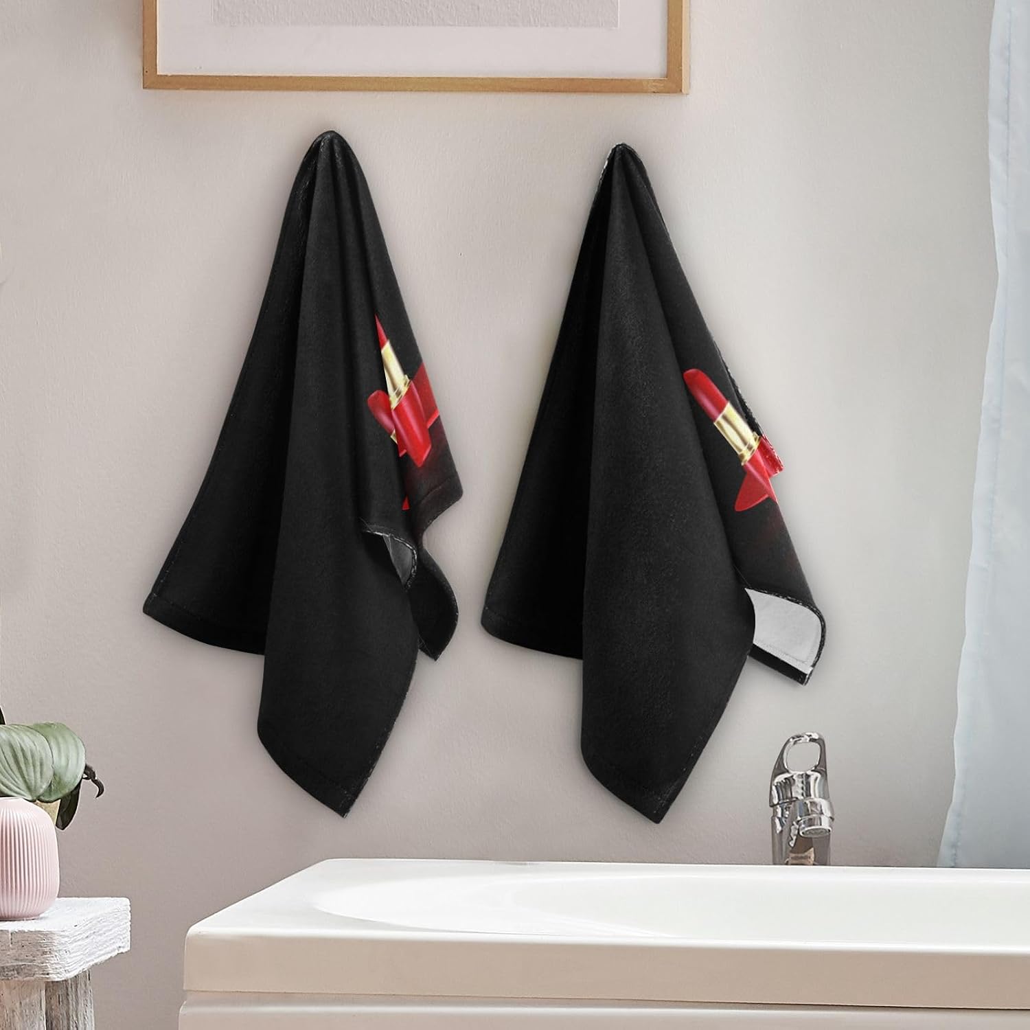 Black Red Hand Towels for Bathroom Kitchen Set of 2 High Heels Lipstick Modern Fashion Women Soft Absorbent Kitchen Towel Decorative Bathroom Towels for Bath Guest Shower Face Hair 14"x28" image 3