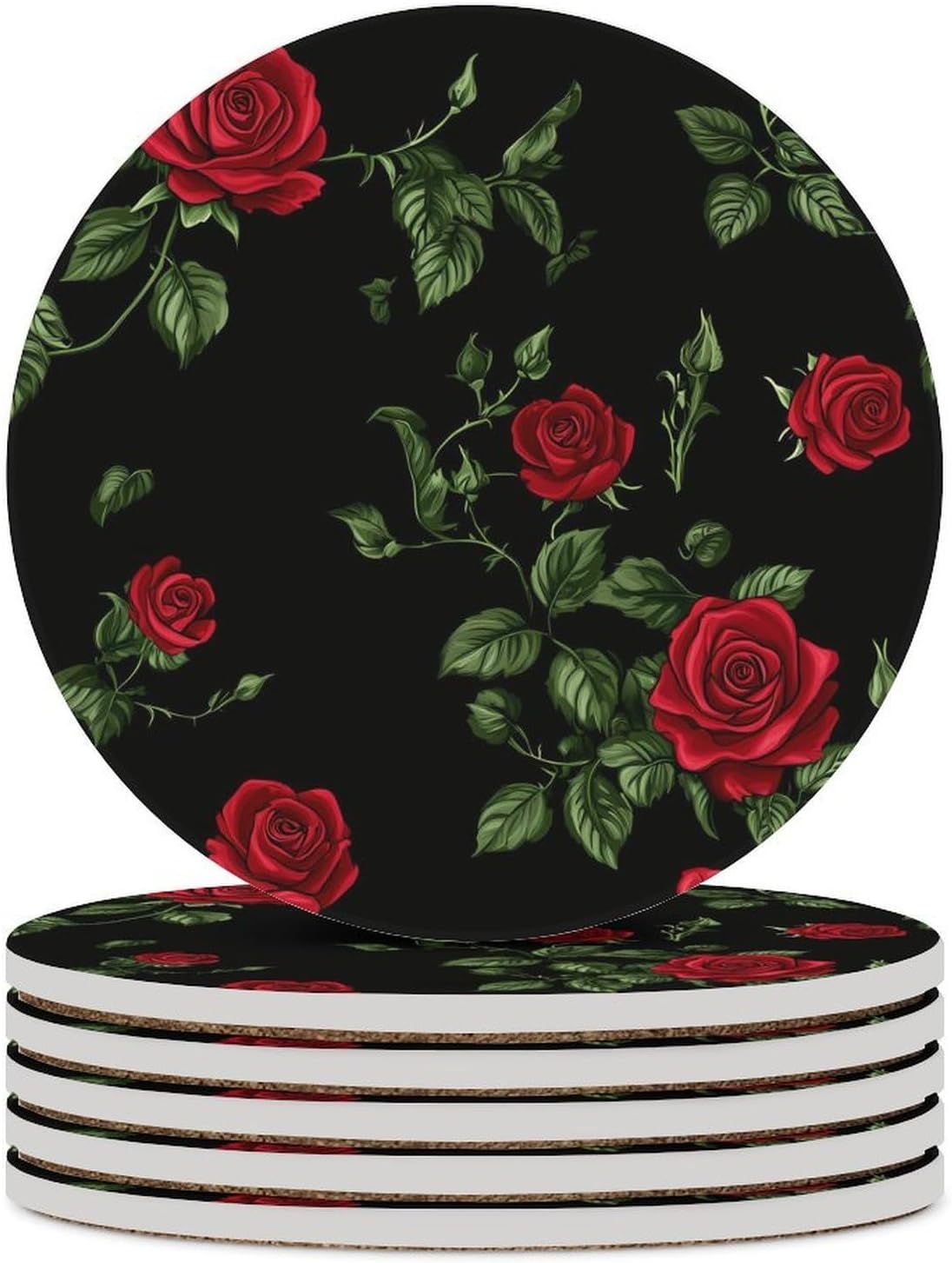 Rose Flower Coasters for Drink Round Ceramic Coaster with Cork Base Home Decorative 4PCS