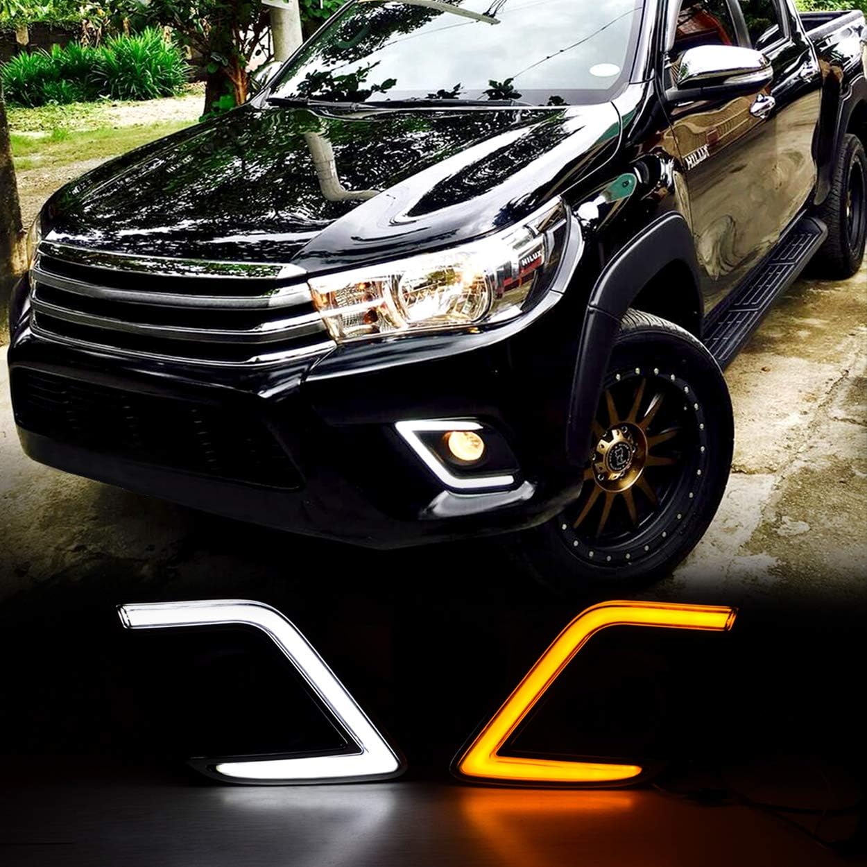 For Toyota Hilux Revo 2015-2018 C Type OEM Replacement Fog light Cover LED DRL Daytime Running Lights With Yellow Turn Signal Lights Driving Fog Lamps Kit