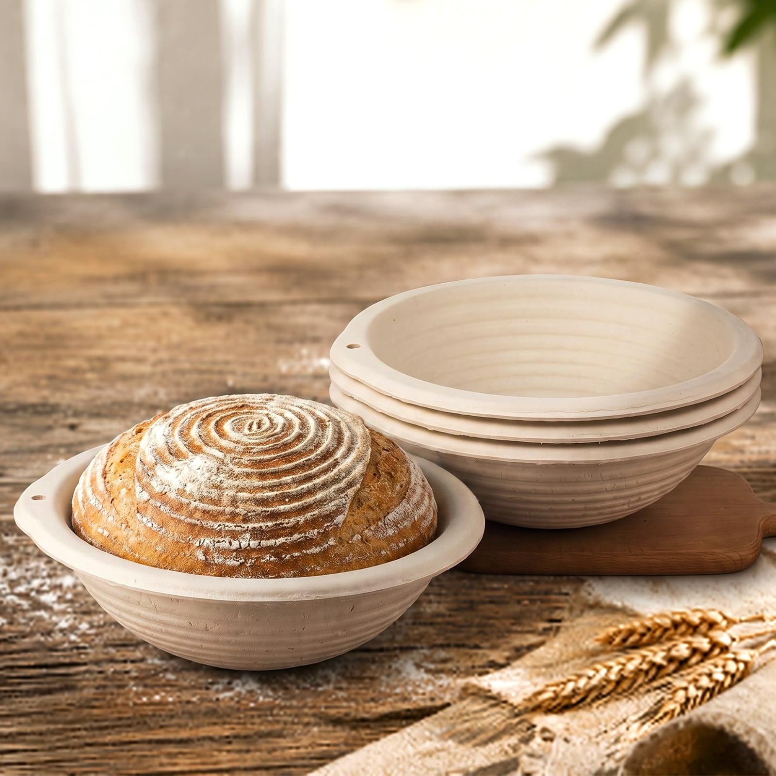 4 Stück 21,6 cm Zuckerrohr-Zellstoff-Banneton-Brotgärkörbe, runder Sauerteig-Gärkörbe, Teiggär-Schüssel für Sauerteig-Brotbacken, Heimbäckerei-Zubehör