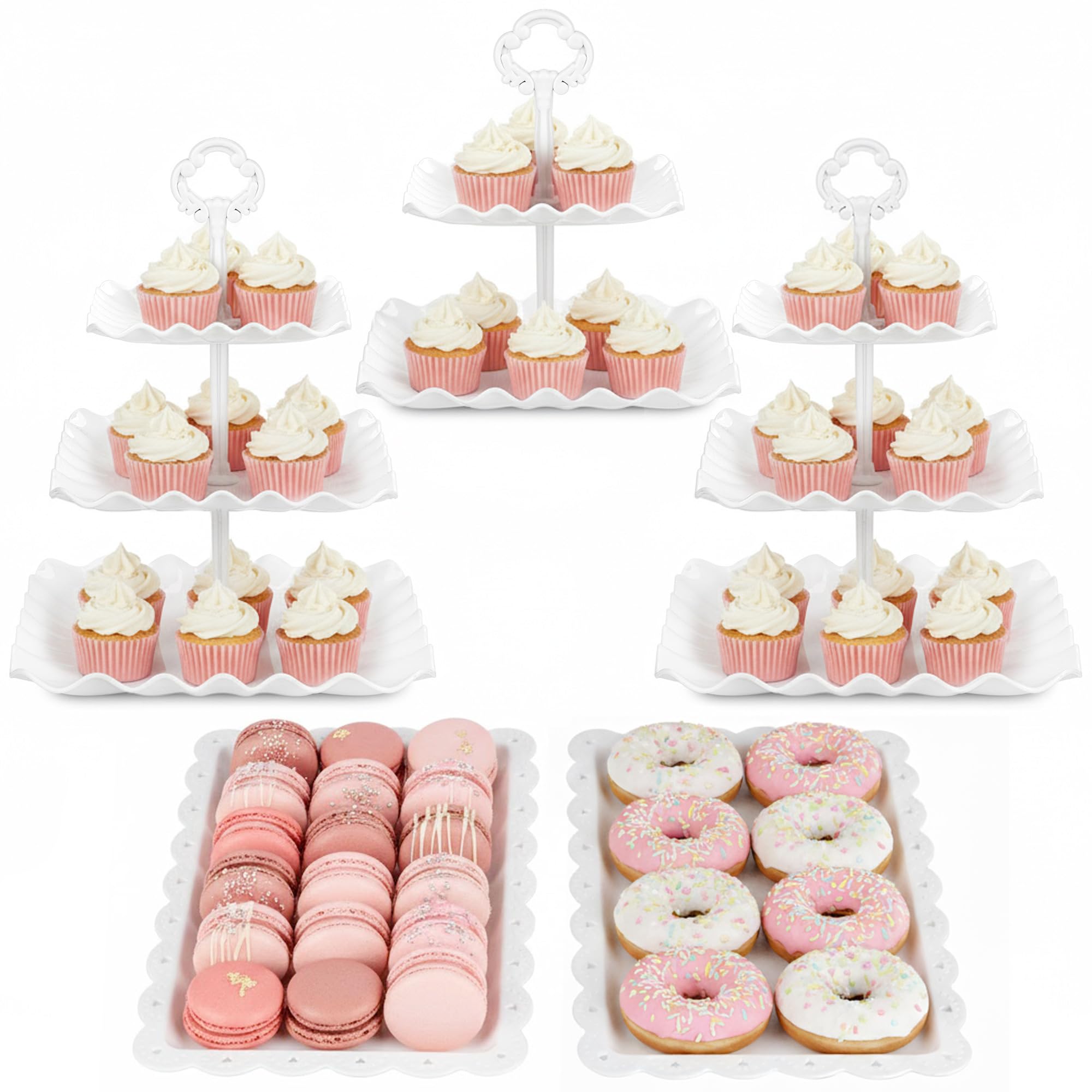 NWK 3-Tier Cupcake Stand Plastic Dessert Tower for Wedding Birthday Autumn Baby Shower Party (White 5 Piece)