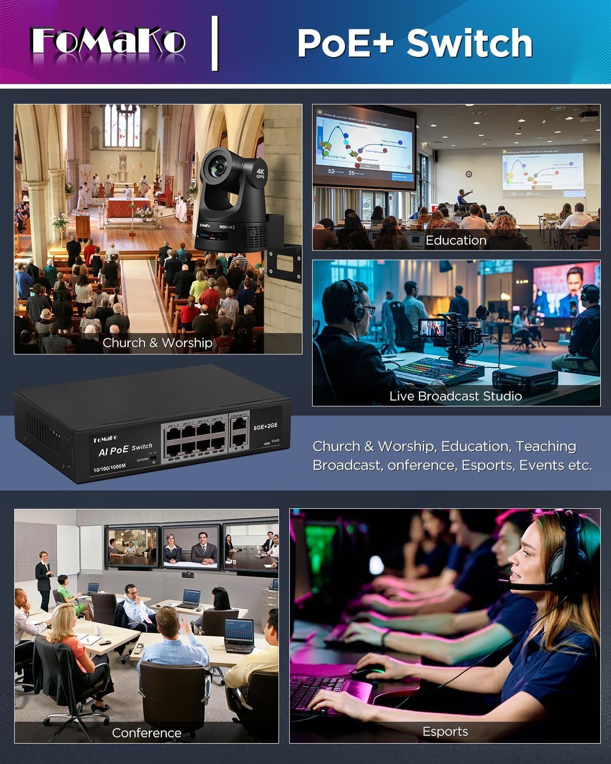 FoMaKo Switch PoE Full Gigabit, 8 Ports PoE+ @120W | Commutateur Ethernet Gigabit PoE 8 Ports | Plug & Play | Mode Extension | Récupération Automatique PoE | Fonctionnement (P1000)