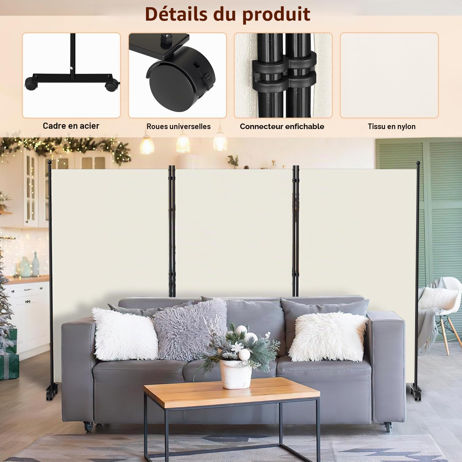 Ikodm Paravent pour extérieur avec roulettes, 3 pièces, 263 x 181 cm, résistant aux intempéries, pour extérieur et bureau, couleur beige