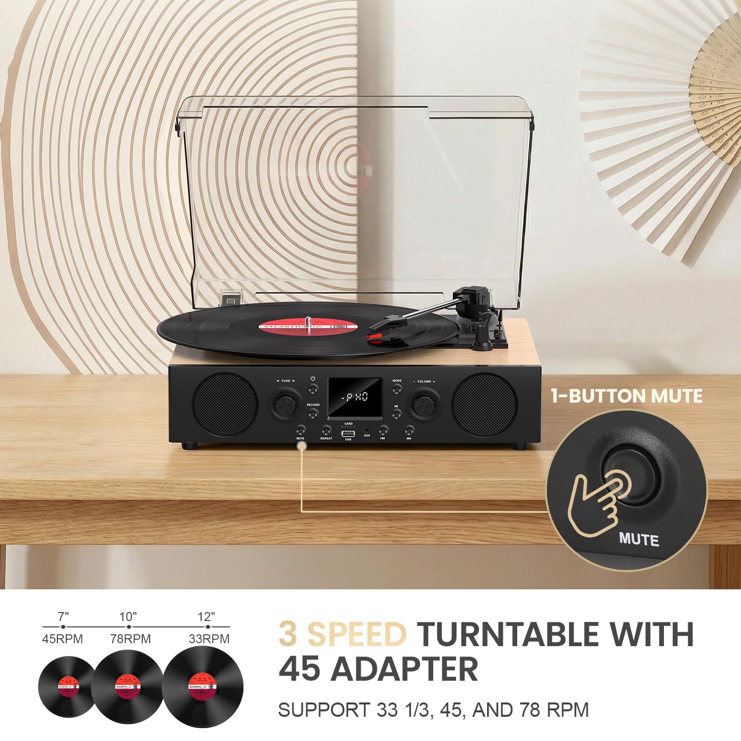 Odtwarzacz płyt z wbudowanymi głośnikami, gramofon Bluetooth w stylu vintage, 3 prędkości, z nagrywaniem USB, odbiorem Bluetooth, wyjściem liniowym RCA i wejściem AXU, radiem FM, odtwarzaczem płyt