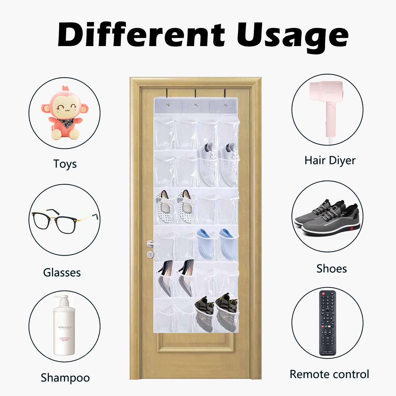 QUMENEY 24 Pockets Over The Door Shoe Organiser, Folding Hanging Organiser Shoe Racks with Hooks, Heavy-Duty Hanging Mesh Shoe Holder for Badroom, Bathroom, Wardrobe (1)