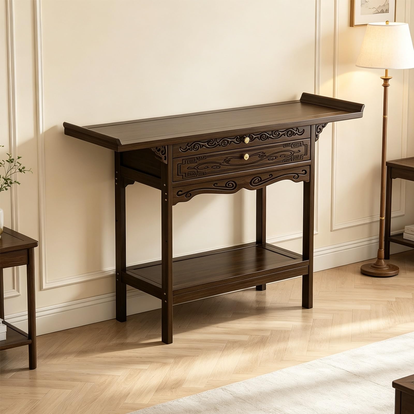 Holz Altarschrank mit Schublade und Ausziehablage | Standdesign mit Schnitzoptik für Wohnzimmer, Schlafzimmer und Arbeitszimmer(A,39.37*47.24*12.99 in)