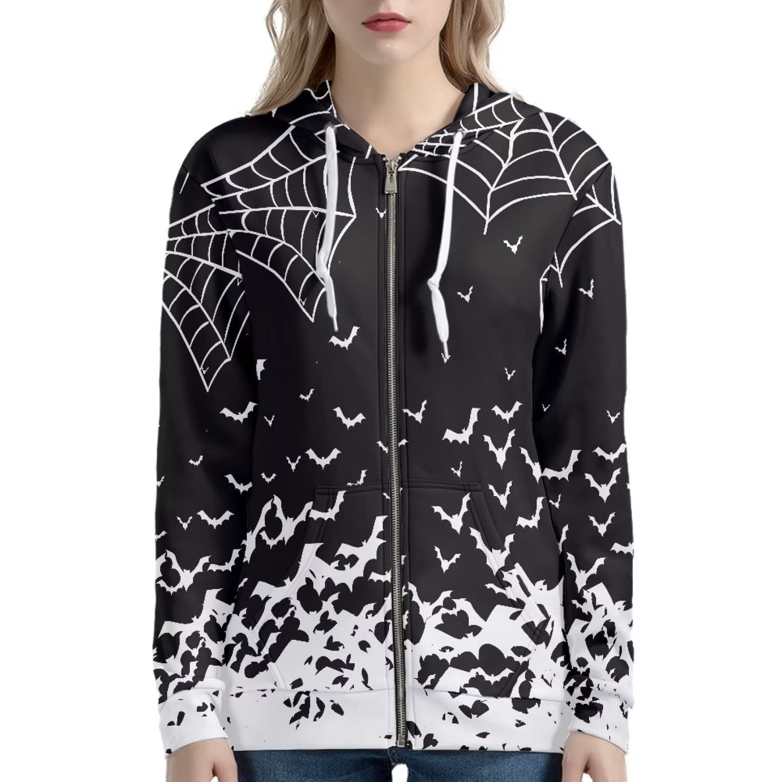 HUIACONG Bluza z kapturem zapinana na zamek błyskawiczny damska bluza z kapturem rozmiar XS-5XL nastolatki sweter, Sieć pająka nietoperzy 9, XS