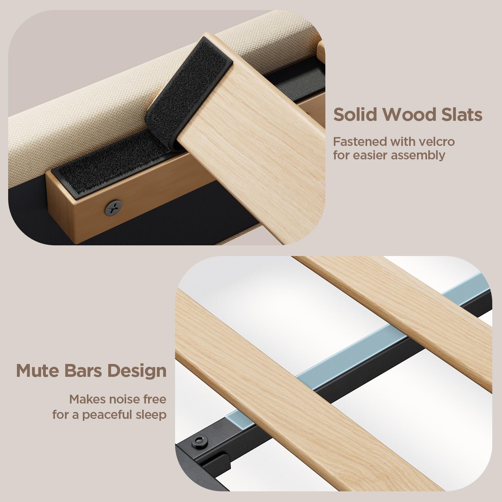 Close-up of solid wood slats with Velcro for easy assembly