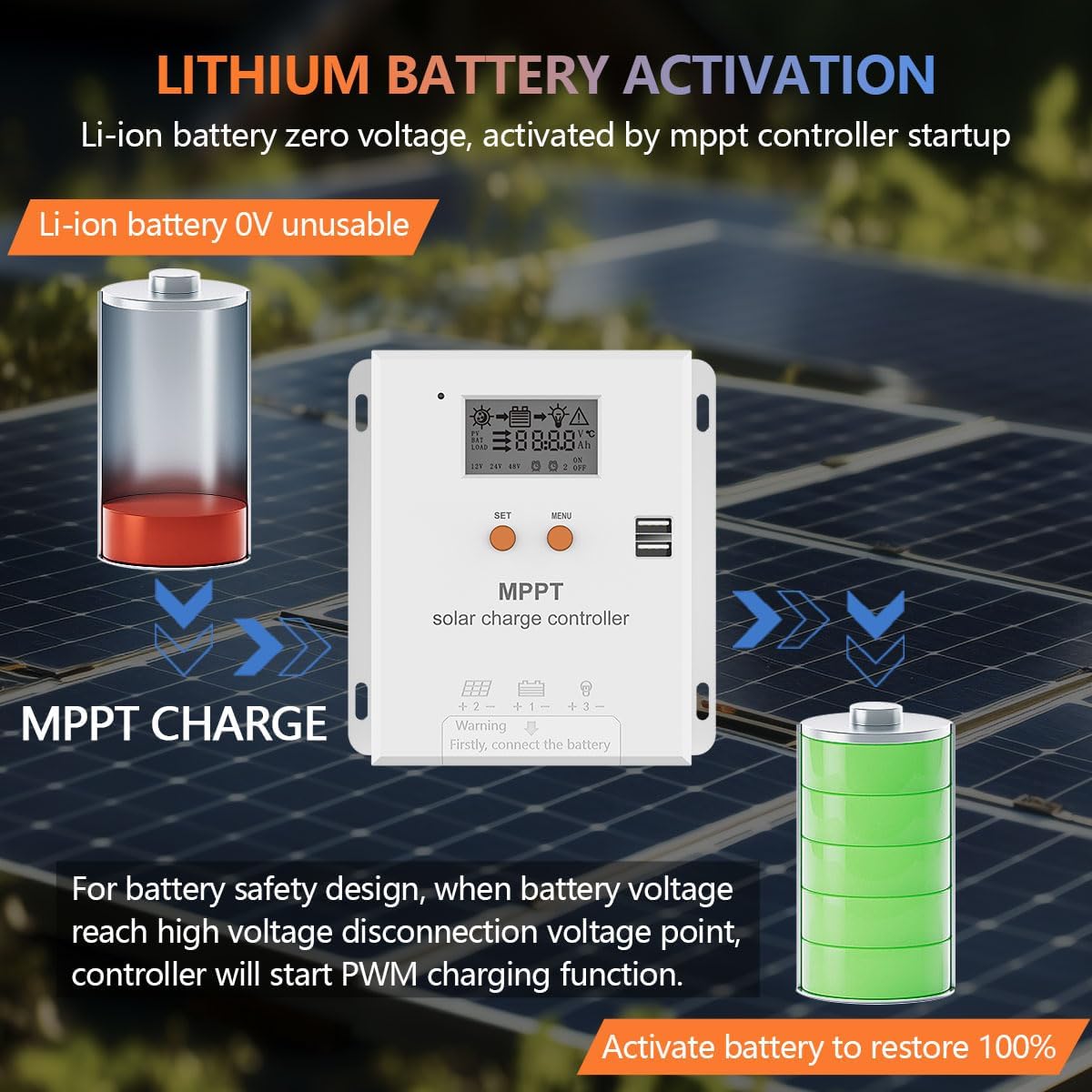 Diagram showing the ports and buttons of the Y&H MPPT Solar Charge Controller.