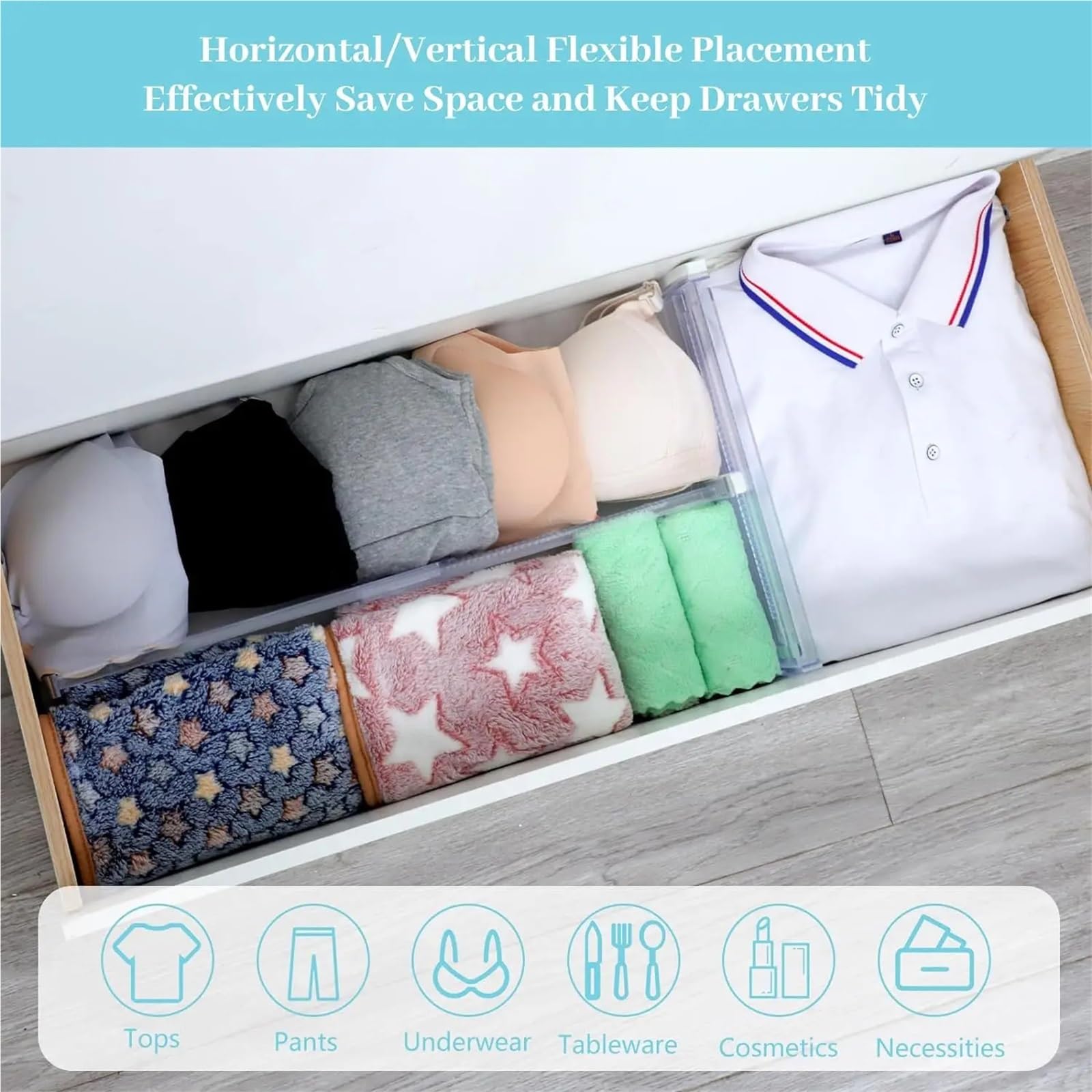 Schubladentrenner 4er-Pack Schubladenteiler, verstellbare Organizer, transparente, erweiterbare Kommode for Kleidung, Küchenutensilien