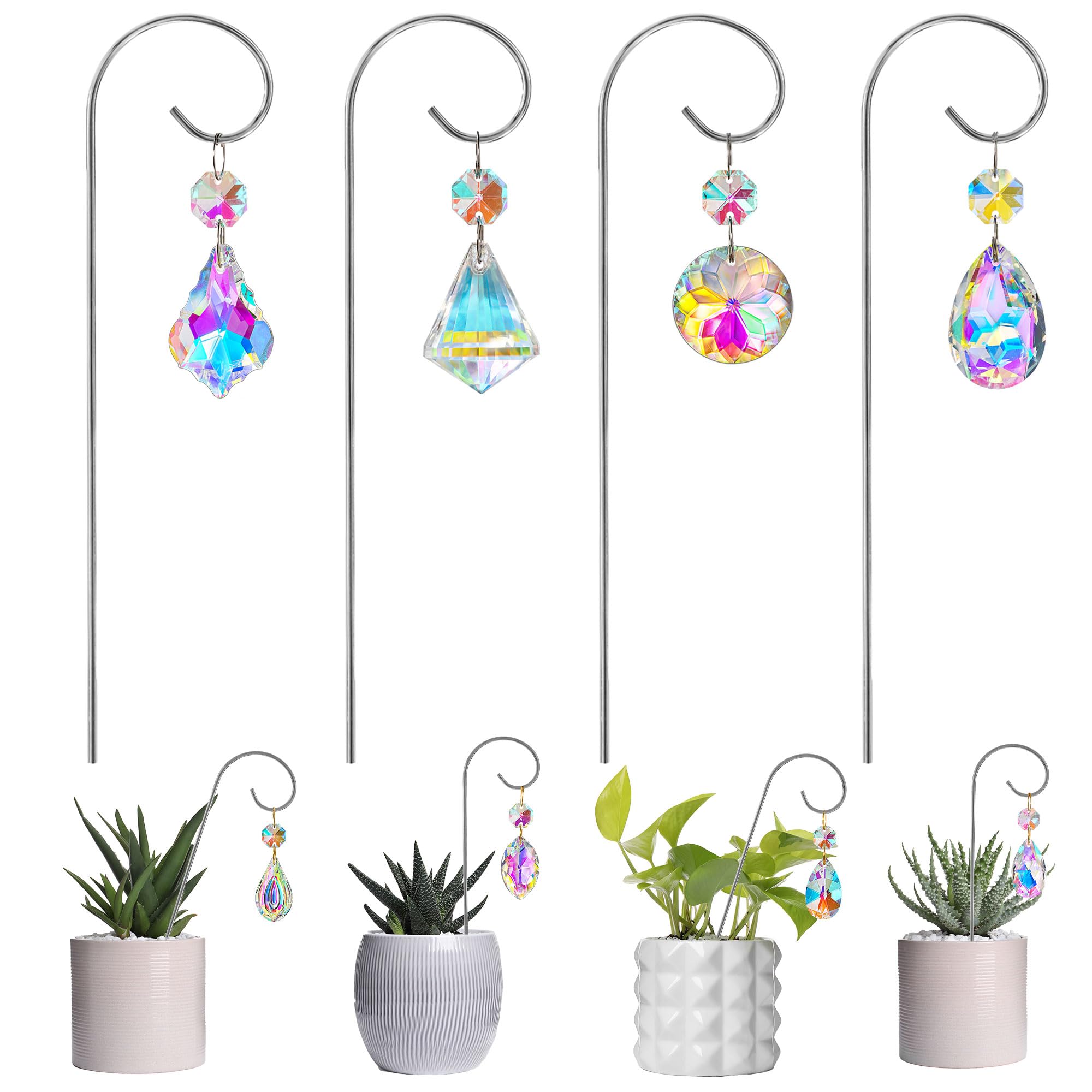 HDCRYSTALGIFTS Set 4 Small Trellis with Crystal Prisms Suncatchers for Mini Potted Plants Decorations, Rainbow Maker Plant Stakes Sun Catchers Plant Accessories Indoor (Sliver,7.5inch)