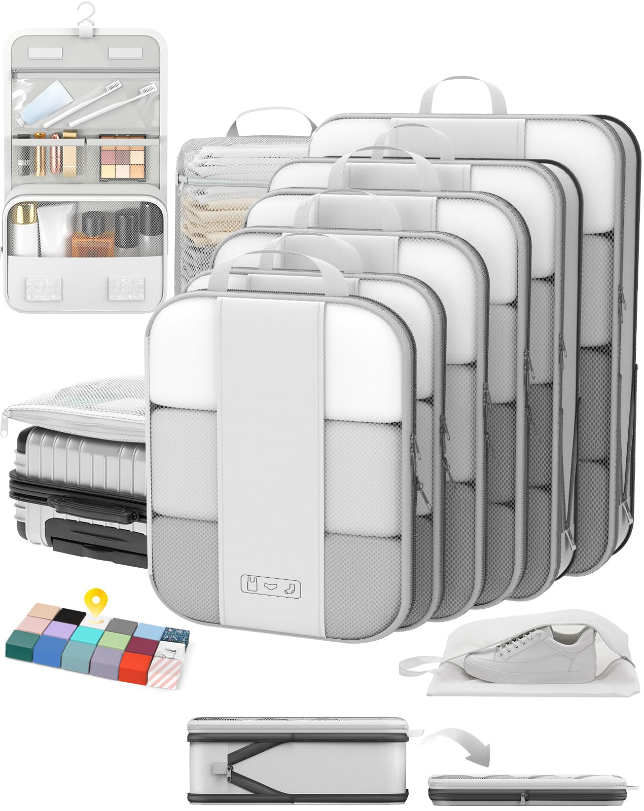 10 set compression packing cubes for travel essentials,compressible expandable packing cubes for suitcase,olarhike luggage organizer bags for travel,handy helper for organizing clothes(white)