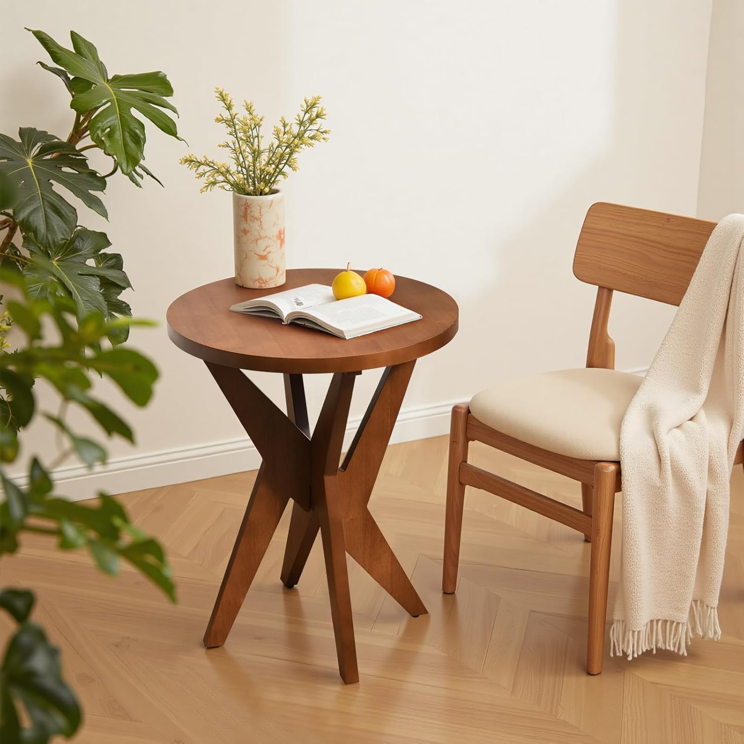 Ahokua Mid-Century Modern Round End Table, Walnut Brown Farmhouse Side Table with MDF Top and Crossed Legs for Living Room Bedroom, or Small Spaces