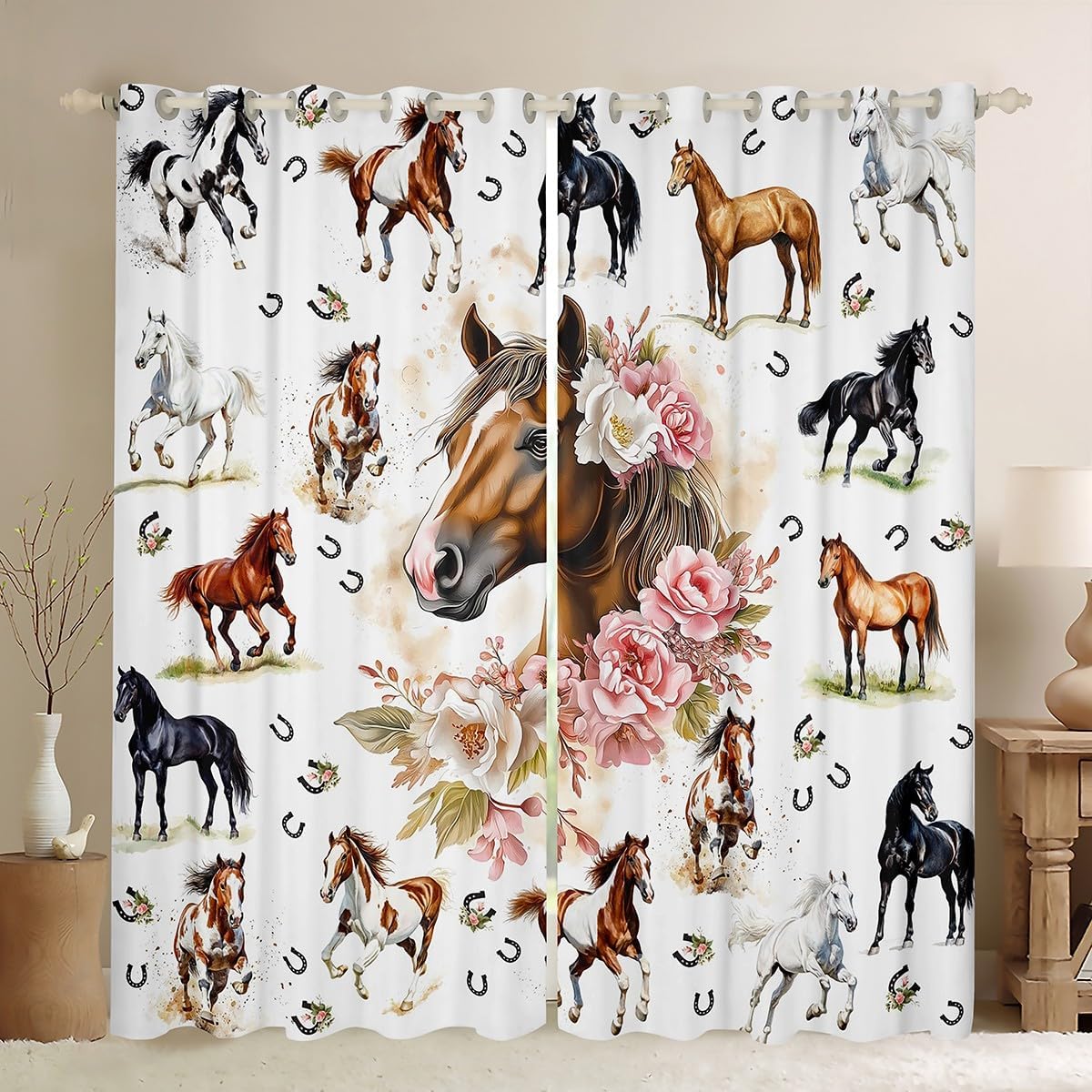 Manfei Galloping Horse Blackout Curtain Cartoon Animals Window Drapes, Fall Leaves Window Treatments, Kids Boys Girls Room Decor, Grommet Top 2 Panel Set Bedroom Curtains, 52Wx63L inch