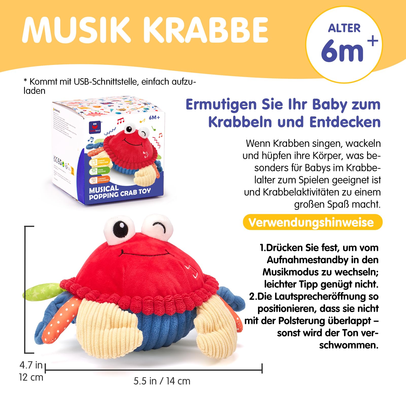 hahaland Krabbe Baby Spielzeug 6 8 9 10 12 Monate, Musikalische Krabbelspielzeug, Crawling Crab Tummy Time Toy, Spielzeug ab 6 Monate fürs Krabbeln Lernen, Baby Geschenk Babyspielzeug ab 1 2 Jahre