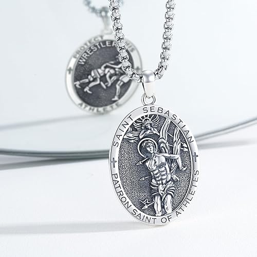 Vista 467 de Collar con colgante de plata de ley 925 con medalla de San Patrón, joyería religiosa para hombres y mujeres, con cadena de acero inoxidable 316L