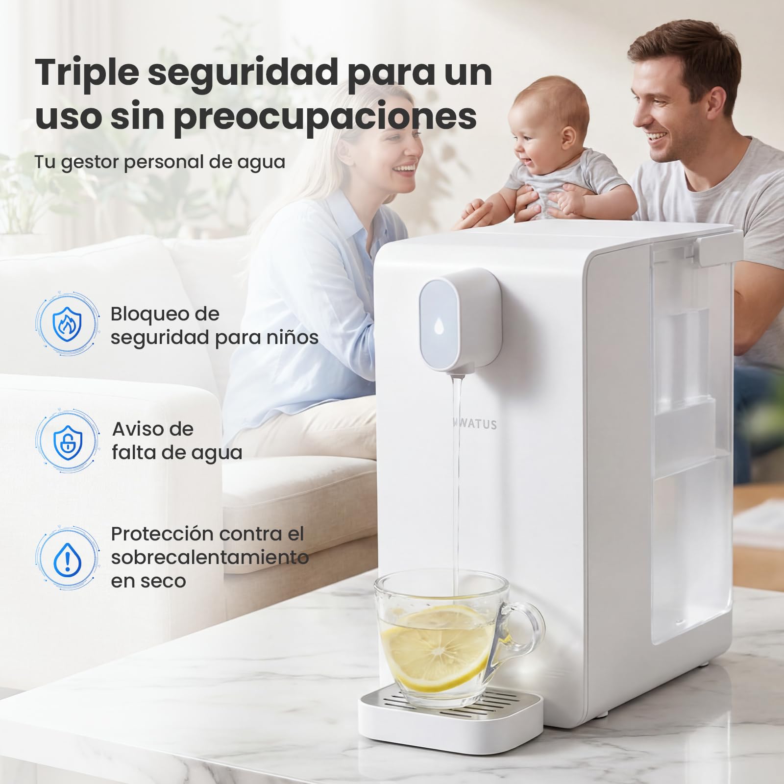 Dispensador de agua caliente, dispensador instantáneo con filtración y calefacción, 3 cartuchos filtrantes. Filtra el agua para reducir la piedra caliza, el cloro, el plomo.