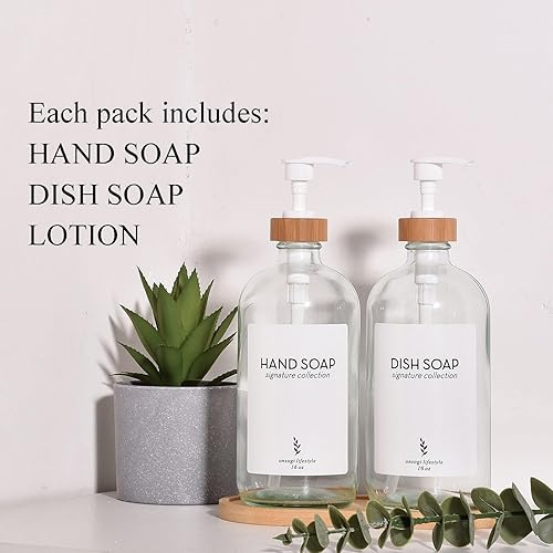 Miniatura 3 de Onsogi Dispensador de jabón de vidrio transparente de 16 onzas con bandeja de bambú, dispensador de jabón de manos  Dispensador de jabón para platos