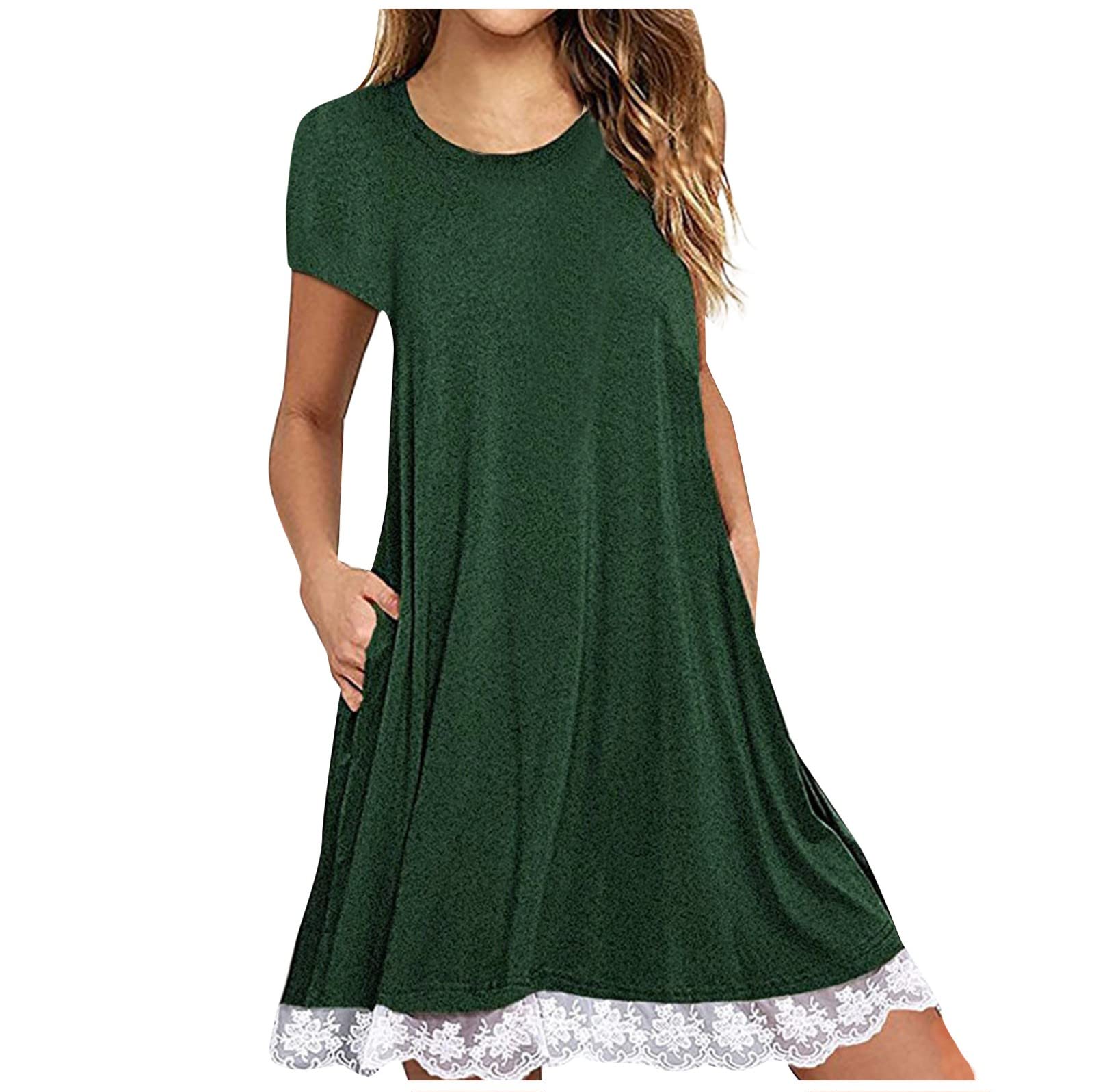 Women's Fall Wedding Guest Dresses Spring Casual Dresses Puff Short Sleeve Beach Flowy Pleated Dress, S-5XL