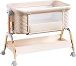 3 in 1 Baby Bassinet,Bedside/Rocking Bassinet for Baby with Waterproof Comfy Mattress and Wheels,7 Adjustable Height Baby Bassinet Bedside Sleeper, Easy Folding Portable Crib for Newborn (Khaki)