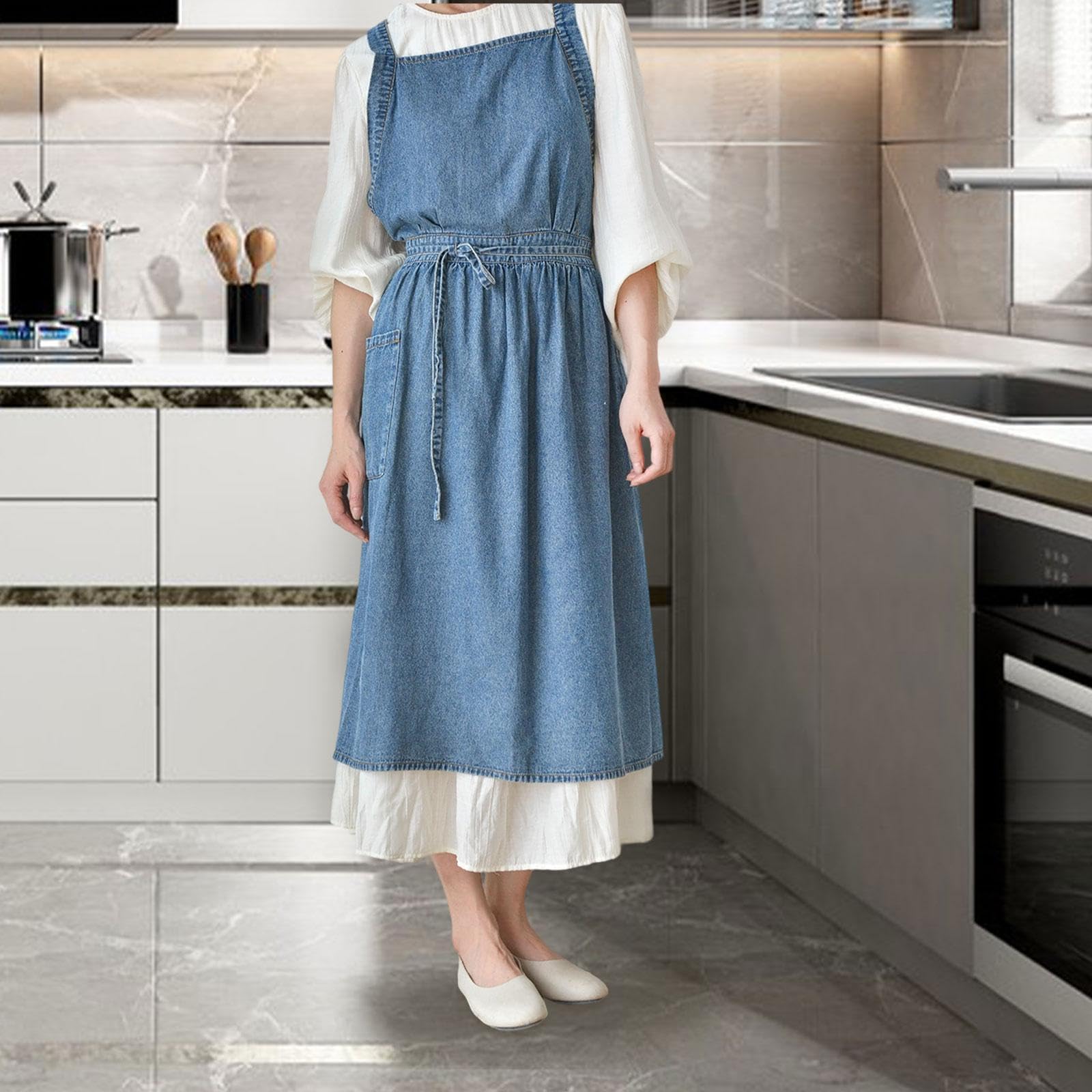 LOVIVER Grembiule in denim con tasche incrociate sulla schiena, protettivo, resistente e confortevole, regolabile per parrucchieri e grigliate.